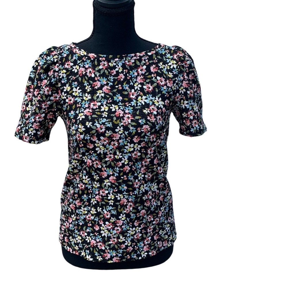 LOFT Petites Black Floral Textured Knit Puff Sleeve Top XXSP Multi Color Stretch